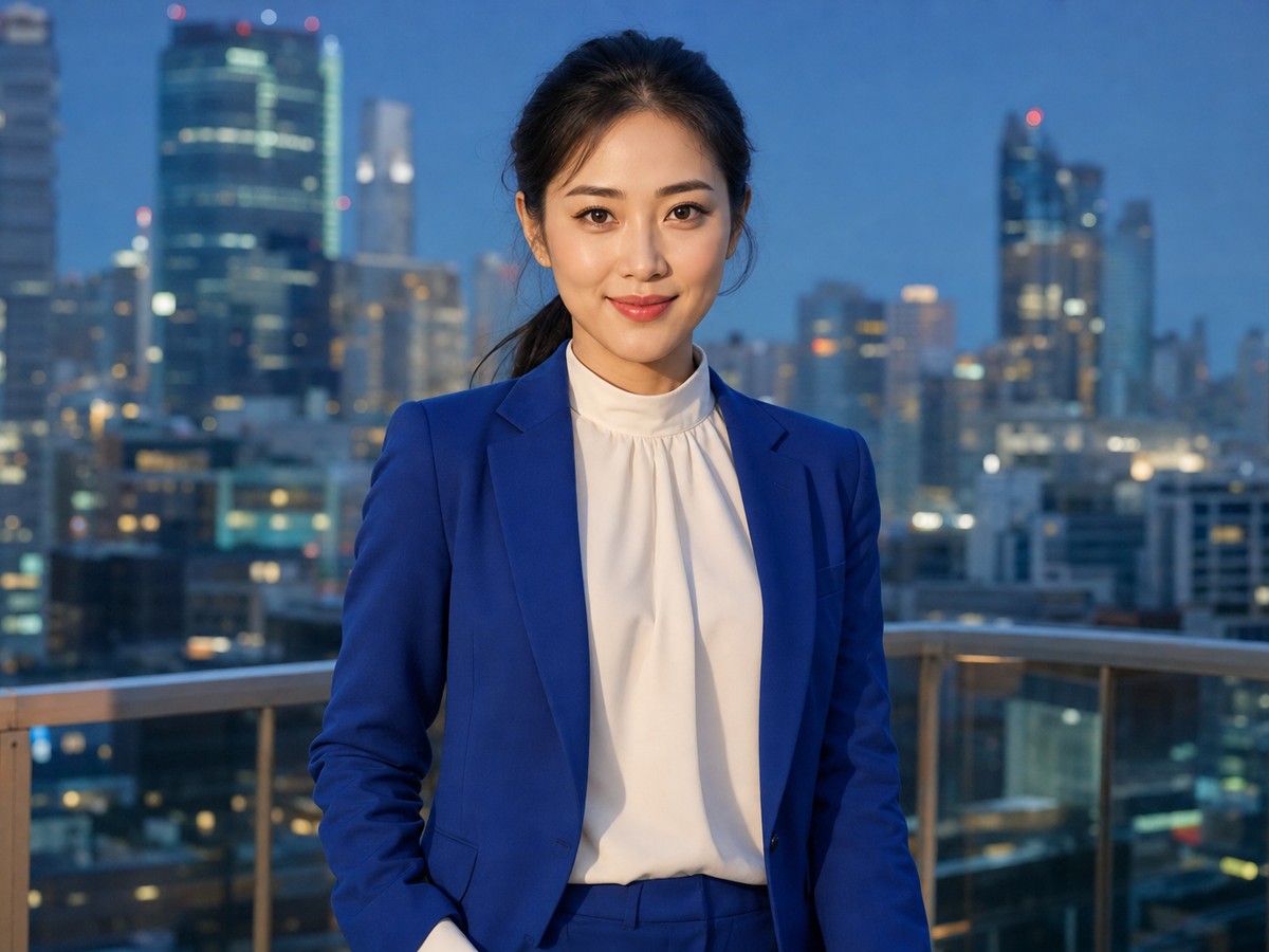 Fictional adult woman in a blue rooftop portrait